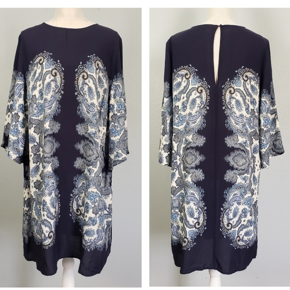 H&M Paisley Print Shift Dress Viscose Boho Lightweight Blue Sz 14